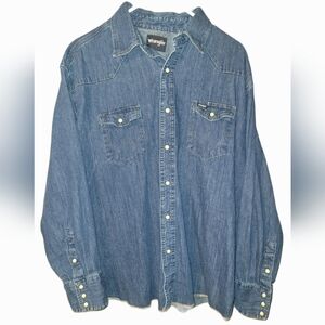 Wrangler Mens Denim Shirt XXL Cowboy Cut Pearl Snap Yoke Western Core Rodeo Work